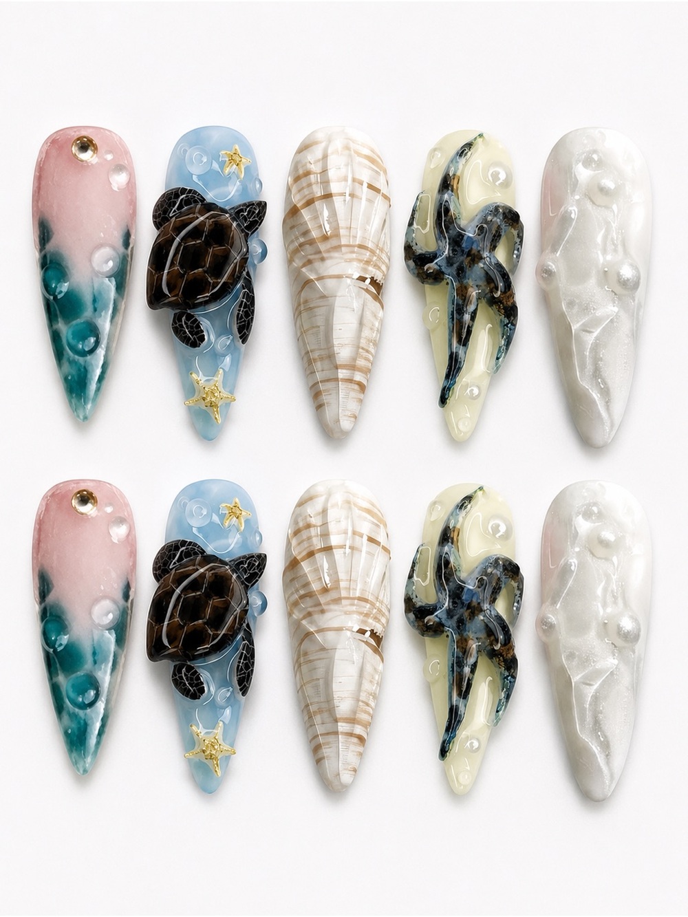 Handmade Seashell & Sea Life Press-On Nails - Pastel Pink, Blue, Cream & White